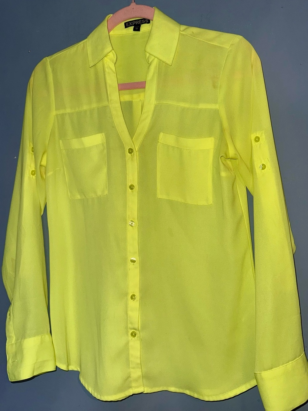 Express Portofino Neon Yellow Button Up Blouse XS Roll Tab Sleeve